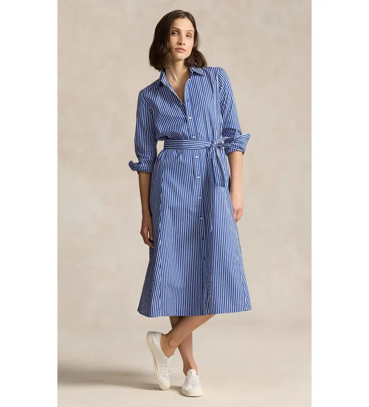Polo Ralph Lauren para mujer. 211891430001 Vestido Camisero azul (30), Casual, Algodón, Manga larga