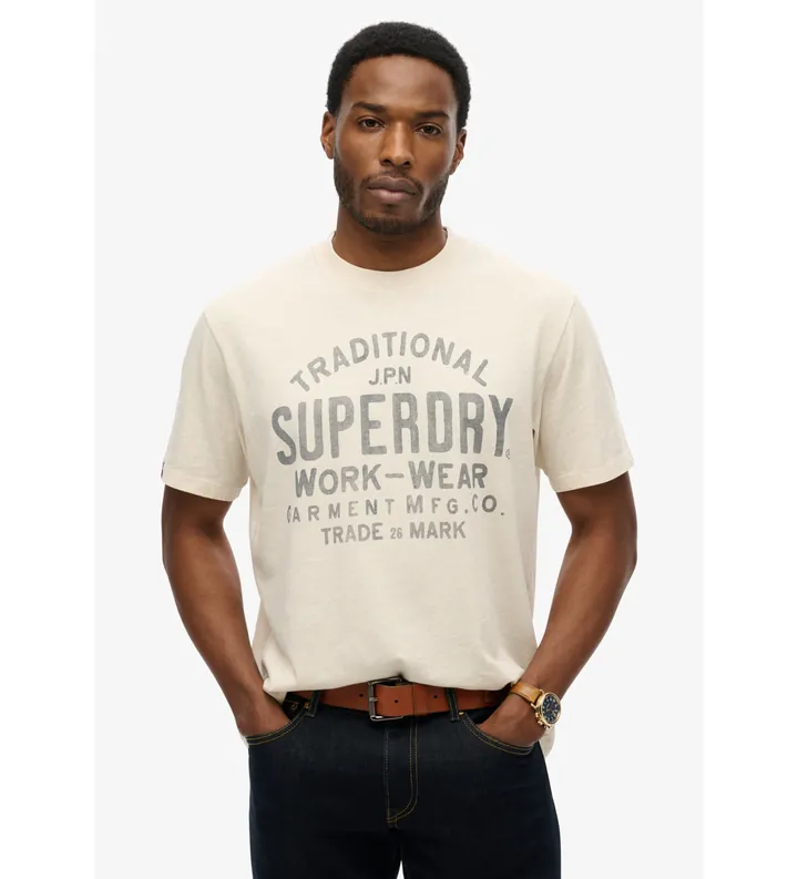 Superdry para hombre. M1012204A Camiseta Machined Goods Workwear blanco crema (XXL), Casual, Algodón, Manga corta