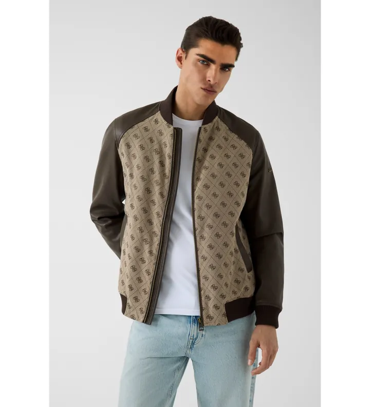 Guess para hombre. M6YL13W2804 Chaqueta bomber con monograma marrón (L), Casual, Algodón