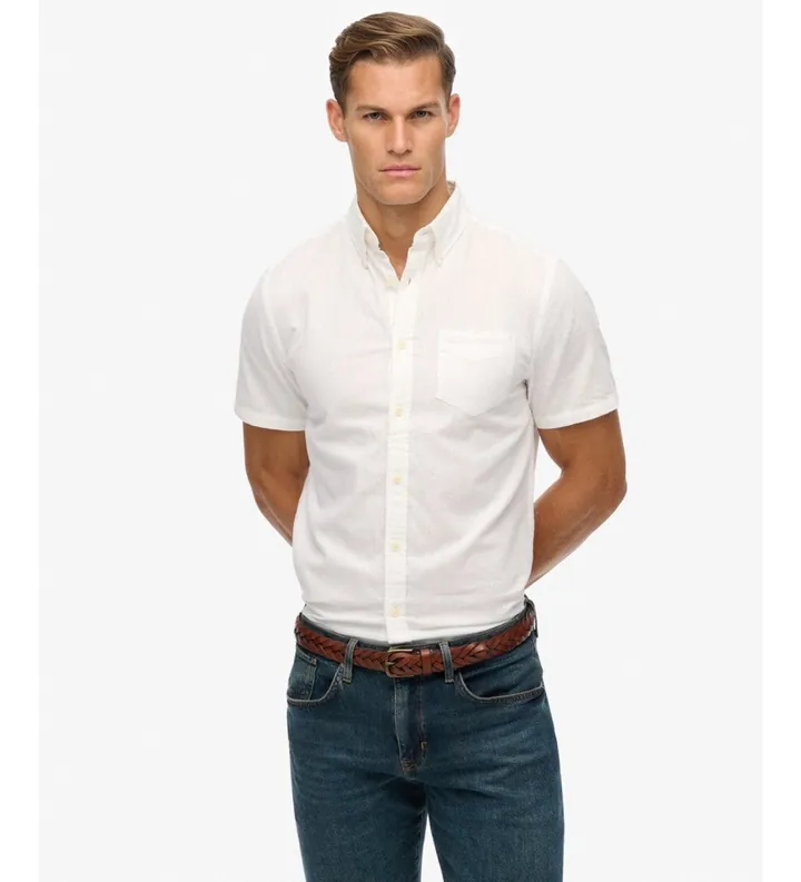 Superdry para hombre. M4011093A Camisa City Cotton Linen blanco (L), Casual, Algodón, Manga corta