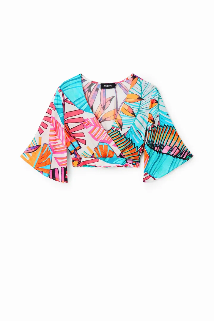 Desigual, Top cropped cruzado tropical, Viscosa, Azul, L