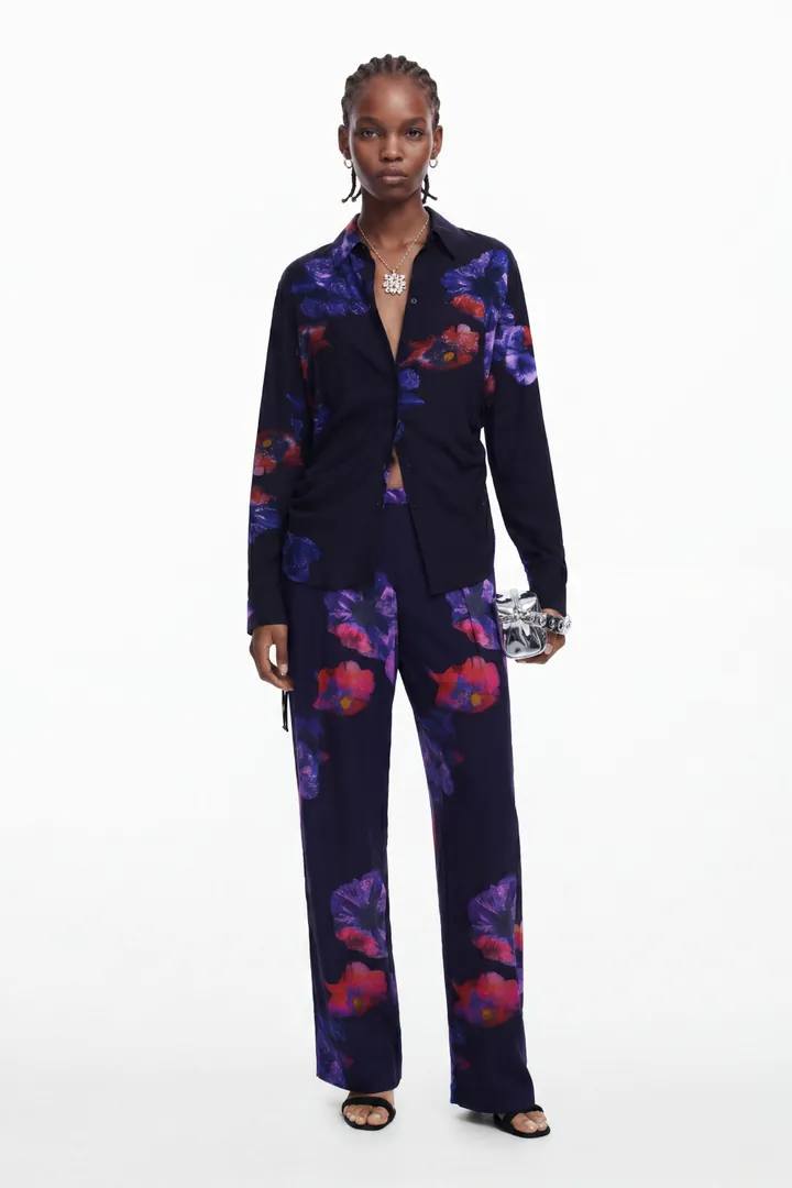 Desigual, Pantalón fluido flores, Viscosa, Negro, M