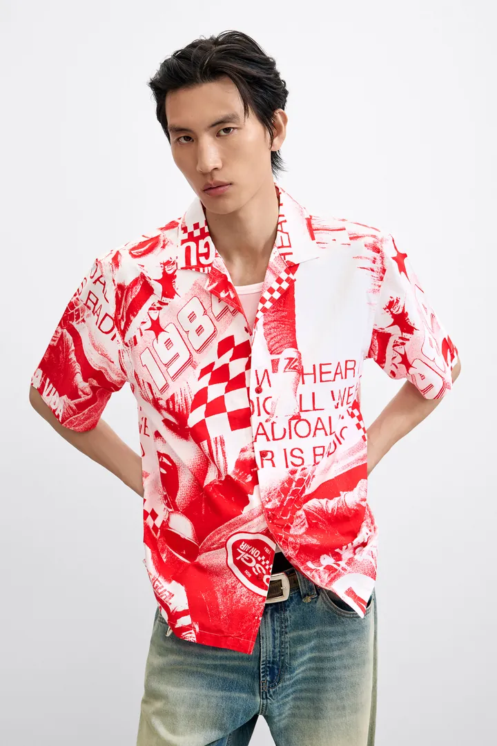 Desigual, Camisa estampada racing, Hombre, Algodon, Rojo, L