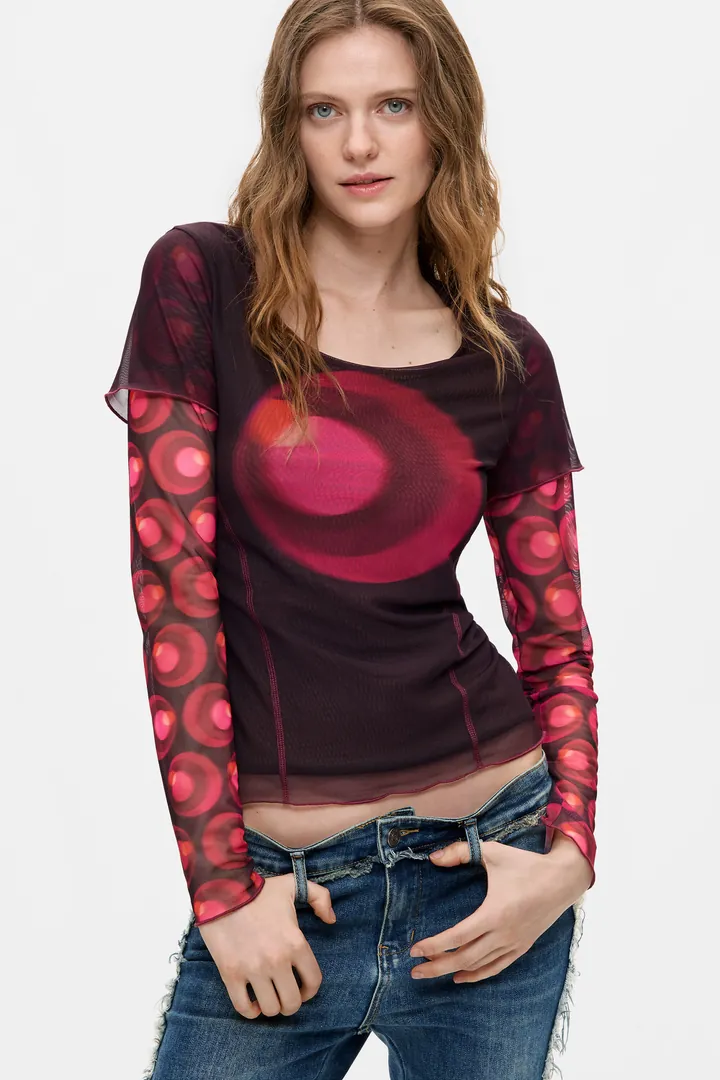 Desigual, Camiseta Estampada Manga Larga, Mujer, Poliester, Rojo, L