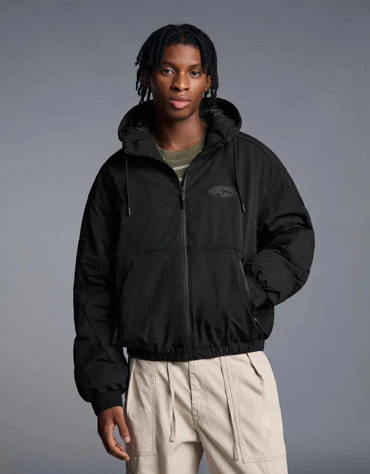 Bershka Cazadora Técnica Capucha Hombre L Negro