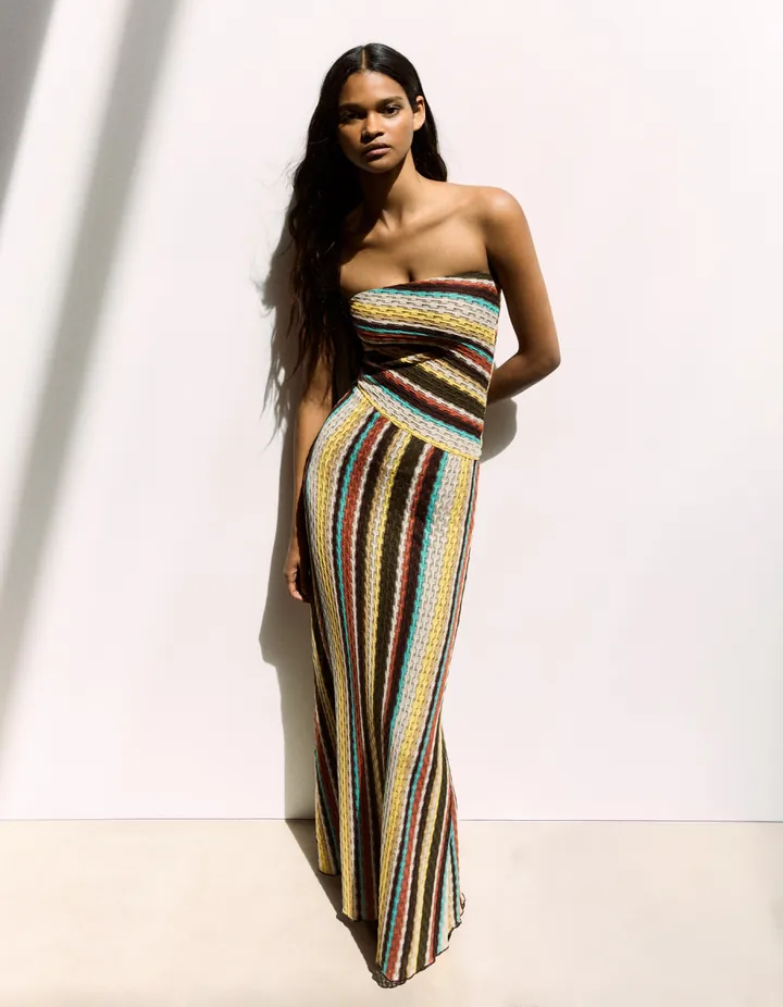 Bershka Vestido Midi Bandeau Mujer L Marrón