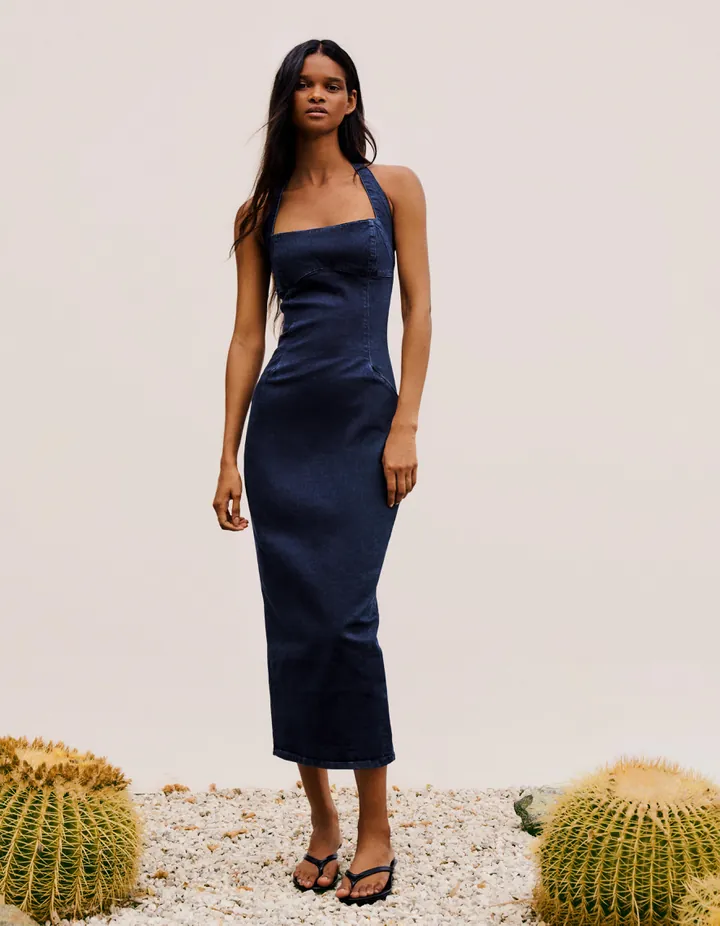 Bershka Vestido Denim Midi Mujer L Marino