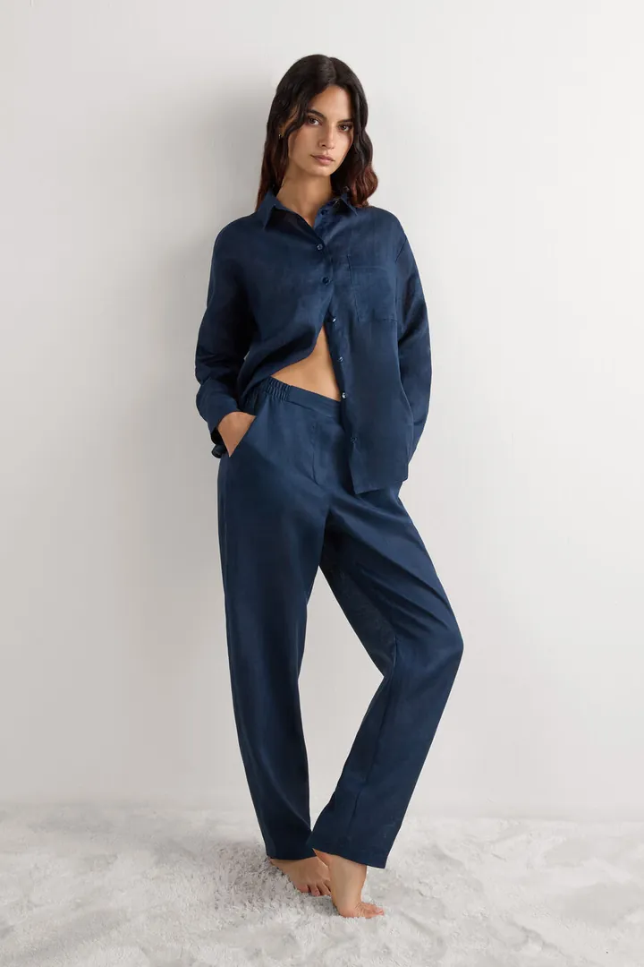 Intimissimi Pantalón de Tela de Lino Mujer Azul Tamaño L