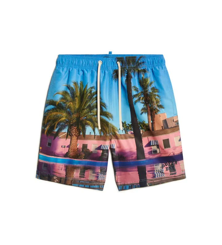 Superdry para hombre. M3010233A Bañador con estampado fotográfico en material reciclado azul (L), Beachwear, Sostenible, Poliéster reciclado