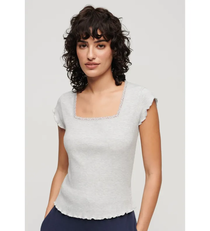 Superdry para mujer. W6011875A Camiseta con escote cuadrado Athletic Essential gris (L/XL), Casual, Manga corta, Algodón Orgánico, Sostenibl