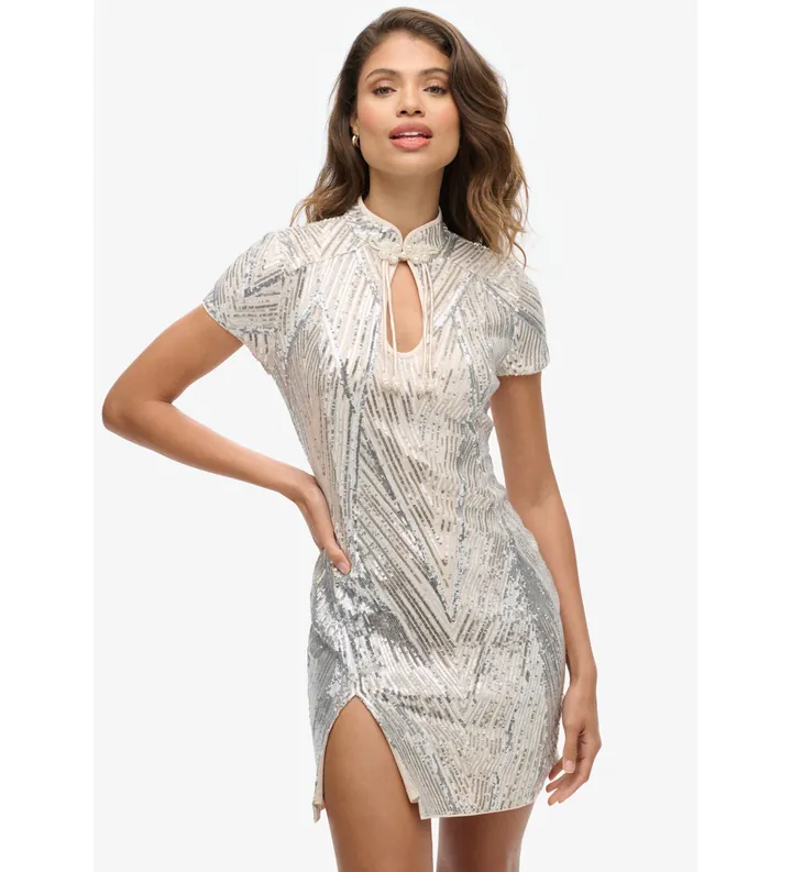 Superdry para mujer. W8011769A Minivestido con cuello mao y lentejuelas plateado (L), Plata, Fiesta, Manga corta, Poliéster Reciclado, Soste