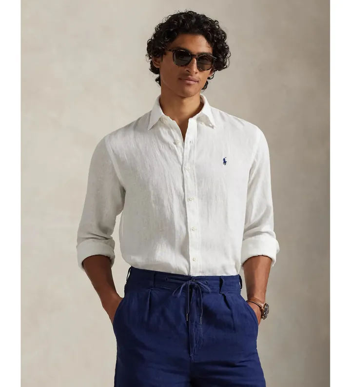 Polo Ralph Lauren para hombre. 710966294003 Camisa de lino Custom Fit blanco (L), Casual, Manga larga