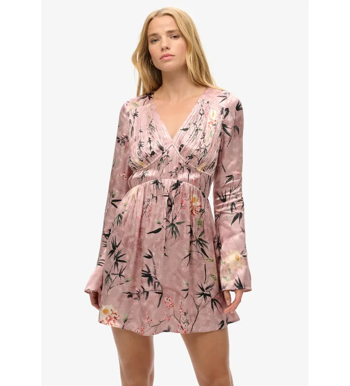 Superdry para mujer. W8011795A Vestido mini jacquard floral rosa (L), Fiesta, Viscosa, Manga larga