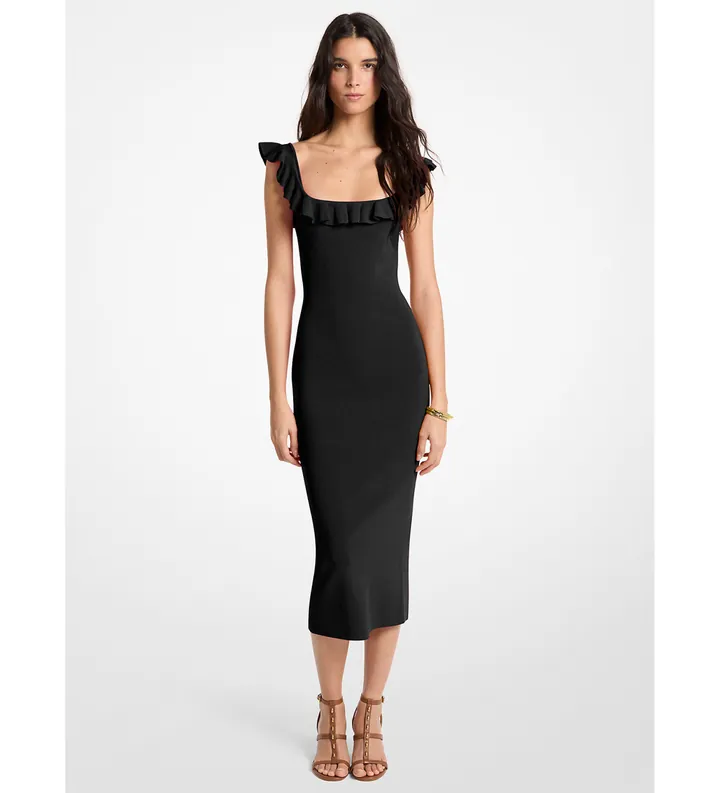 Michael Kors para mujer. MS683CG33D Vestido midi de viscosa elástica con volantes negro (M), Casual, Sin mangas / Tirantes