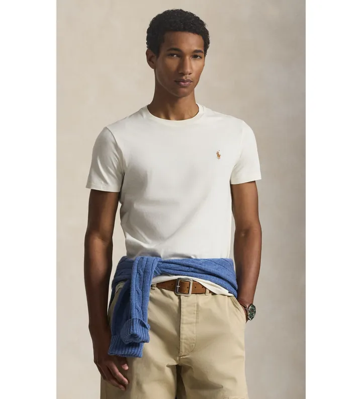 Polo Ralph Lauren para hombre. 710671438350 Camiseta de punto Custom Slim Fit blanco (L), Beige, Casual, Algodón, Manga corta