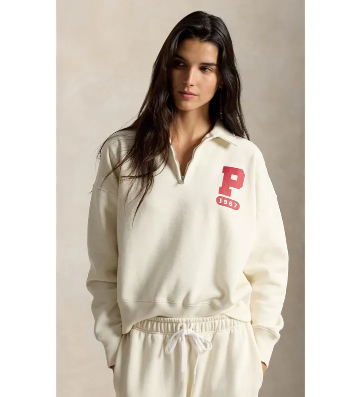 Polo Ralph Lauren para mujer. 211B17801001 Sudadera de felpa con logotipo "P" beige (L), Casual, Algodón, Manga corta