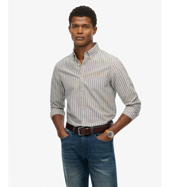 Superdry para hombre. M4011037A Camisa Classic Oxford rayas marino (L), Casual, Algodón, Manga larga