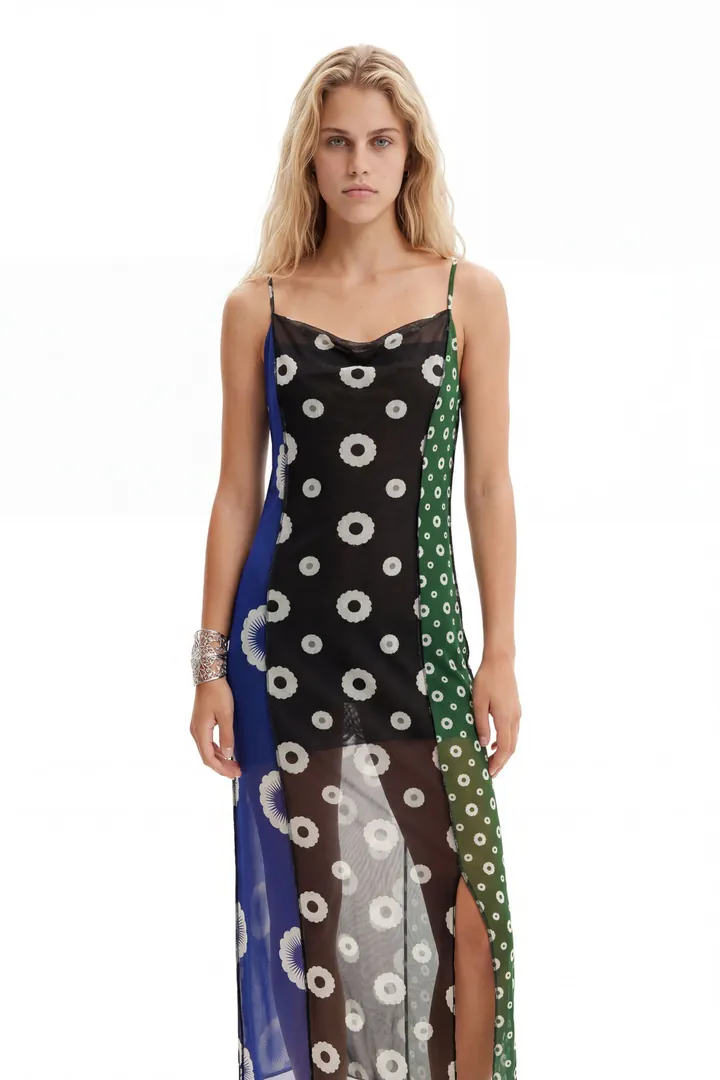 Desigual, Vestido midi lencero geométrico, Poliester, Verde, L