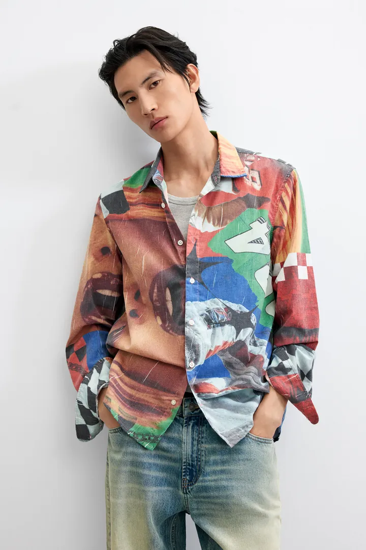 Desigual, Camisa estampado collage, Hombre, Rojo, L