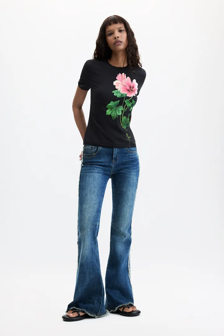 Desigual, Camiseta Estampada Flores, Mujer, Algodon, Negro, L