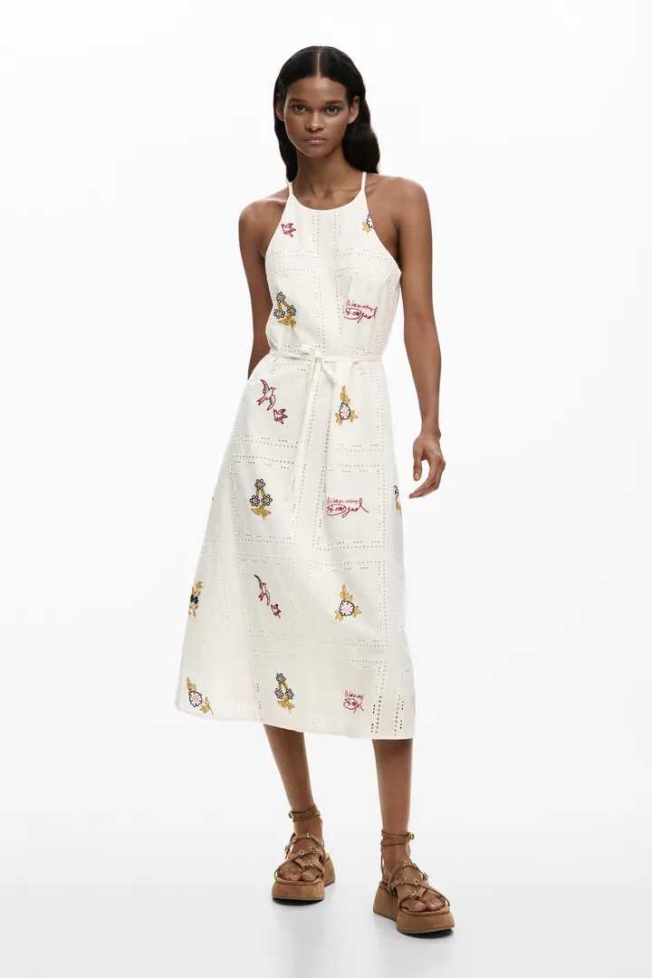 Desigual, Vestido halter bordados, Mujer, Algodon, Blanco, L