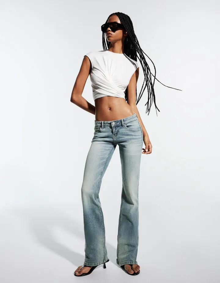Bershka Jeans Bootcut Slim Tiro Bajo Mujer 32 Azul Lavado