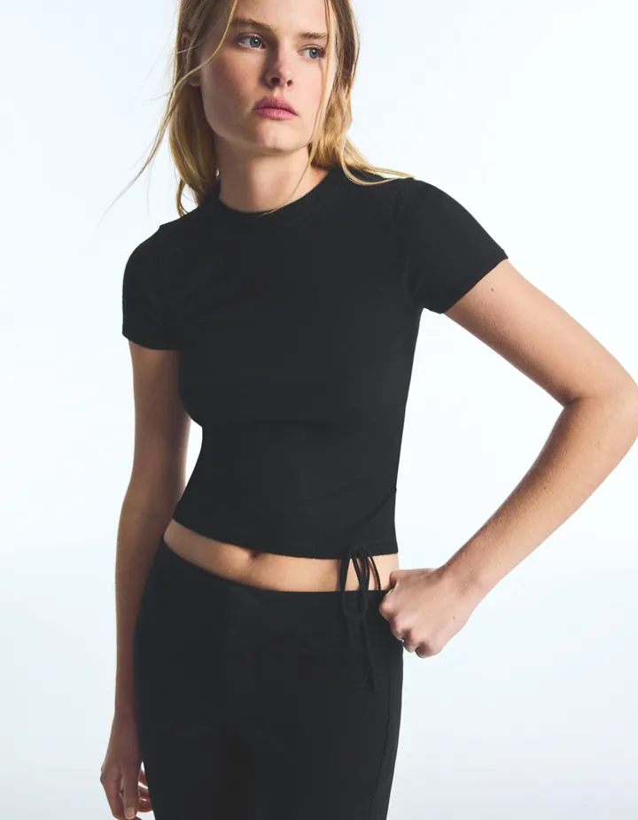 Bershka Jersey Punto Manga Corta Cuello Redondo Mujer L Negro
