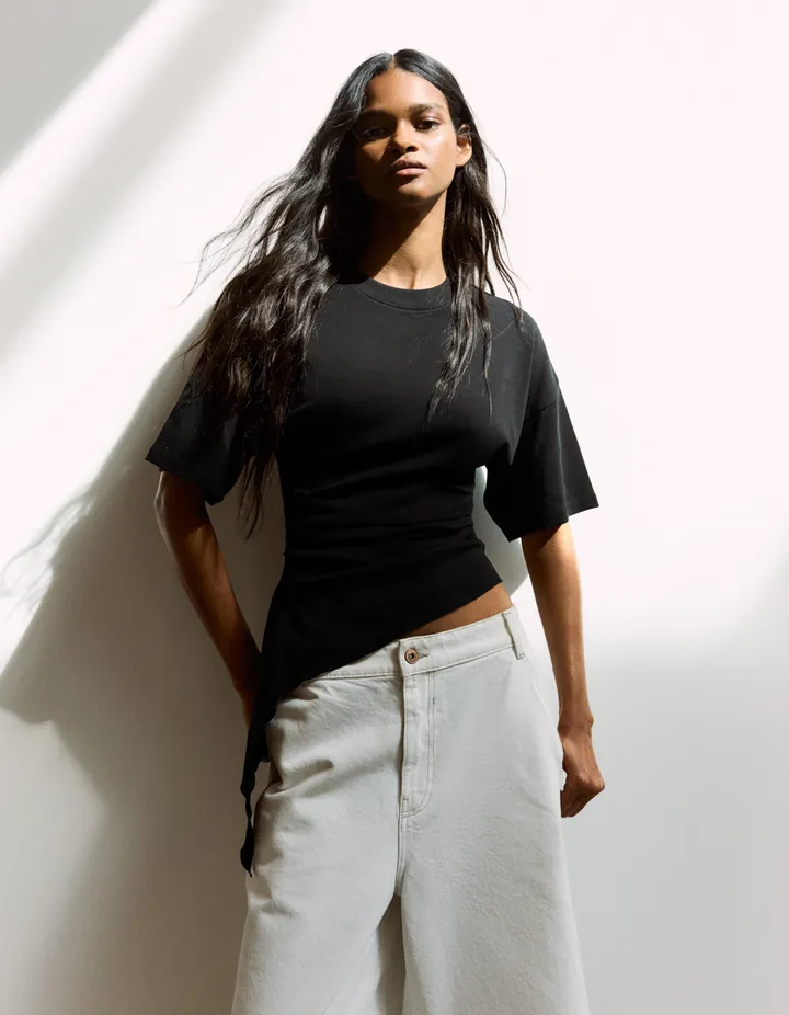 Bershka Camiseta Manga Corta Fruncido Mujer L Negro