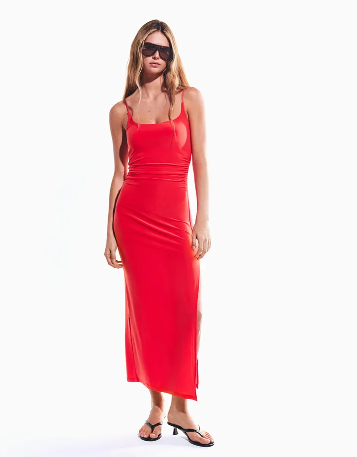 Bershka Vestido Midi Tirantes Fruncido Mujer L Coral