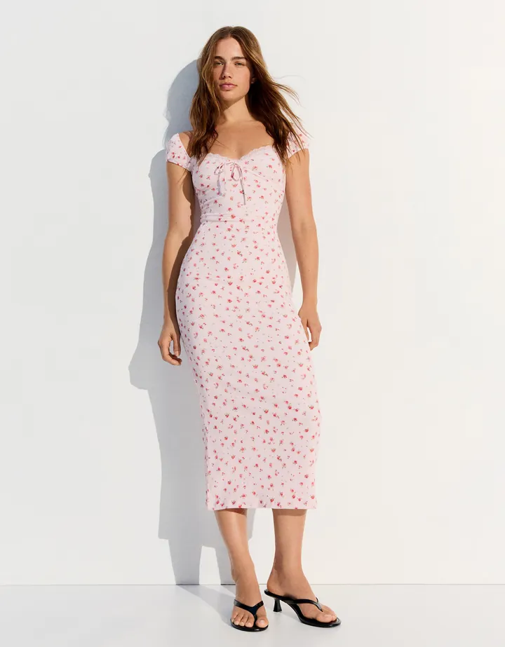Bershka Vestido Midi Estampado Encaje Mujer L Rosa