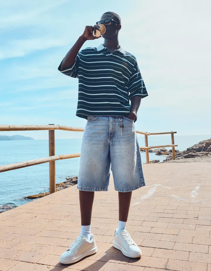 Bershka Bermuda Denim Baggy Hombre 32 Azul Lavado