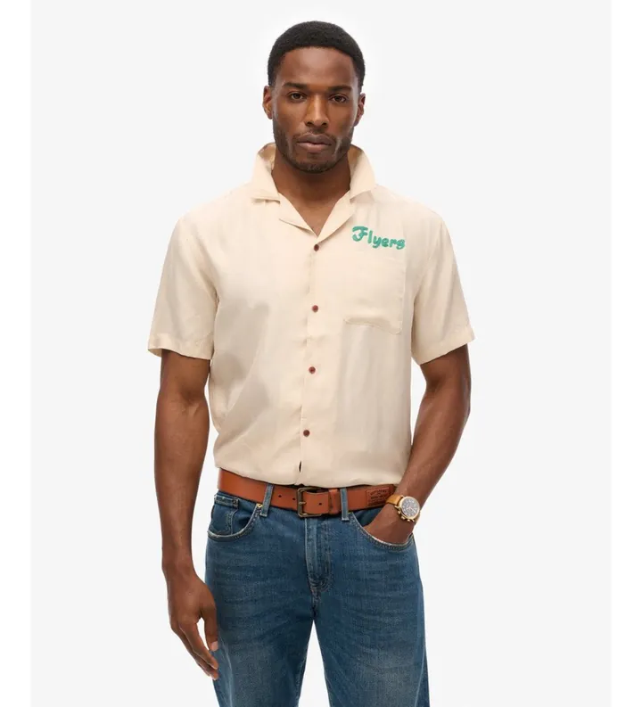 Superdry para hombre. M4010621A Camisa Vintage Bowling beige (L), Casual, Viscosa, Manga corta