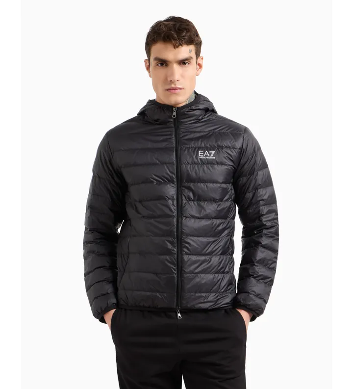 EA7 para hombre. 8NPB24_PNGPZ Chaqueta de plumas plegable Core Identity con capucha negro (4XL), Casual, Poliamida