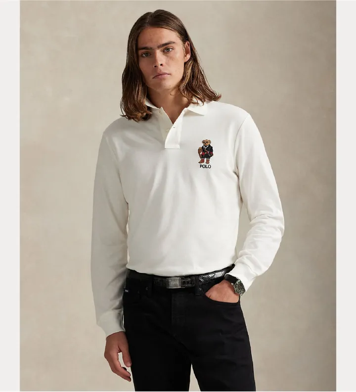Polo Ralph Lauren para hombre. 710981793001 Polo de piqué Classic Fit con Polo Bear blanco roto (L), Casual, Algodón, Manga larga