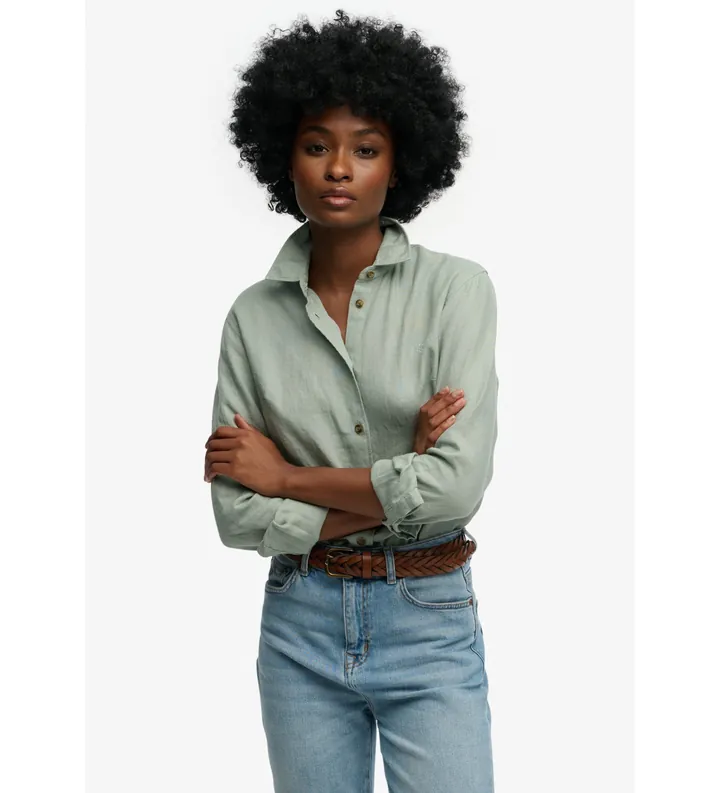Superdry para mujer. W4010587A Camisa Prmium de Lino verde (S), Casual, Manga larga