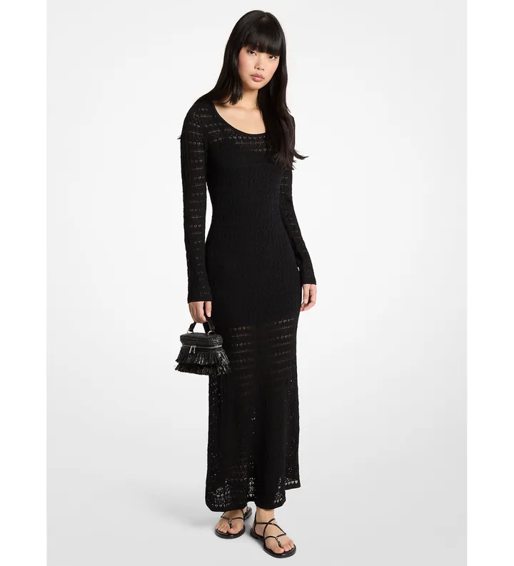Michael Kors para mujer. MS683DS5ZV Vestido maxi de punto pointelle elástico negro (S), Casual, Viscosa, Manga larga