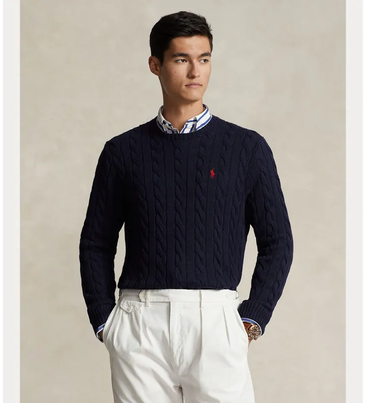 Polo Ralph Lauren para hombre. 710775885001 Jersey de Algodón de Punto Trenzado marino (L), Casual, Manga larga