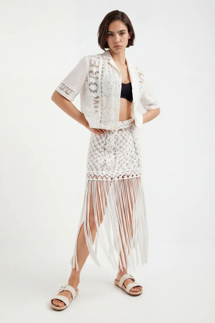 Desigual, Minifalda de macramé con flecos, Algodon, Blanco, L