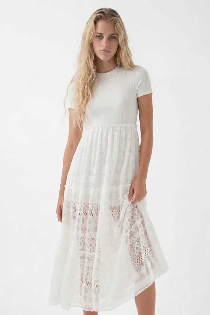 Desigual, Vestido combinado midi tul, Blanco, L