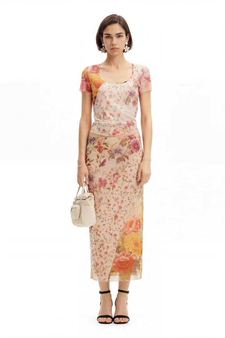 Desigual, Camiseta tul flores, Poliester, L