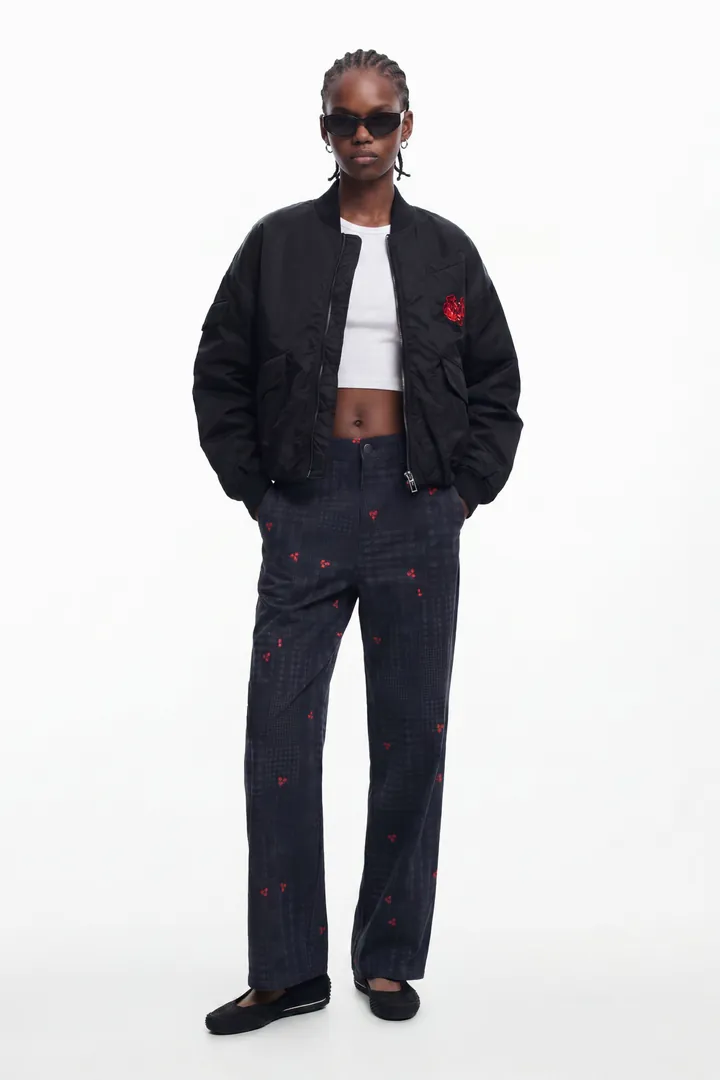 Desigual, Pantalón cuadros y cerezas, Algodon, Negro, L
