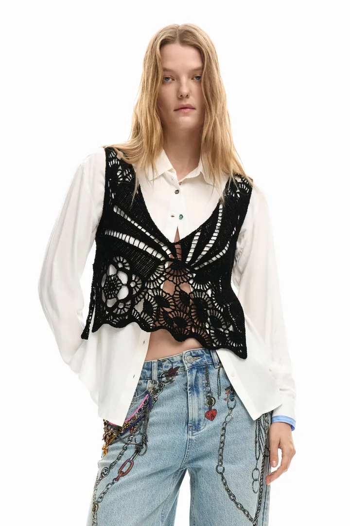 Desigual, Camisa manga larga 2 en 1, Mujer, Algodon, Blanco, L
