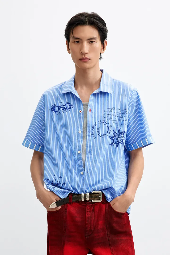 Desigual, Camisa algodón corta estampada, Hombre, Algodon, Azul, L