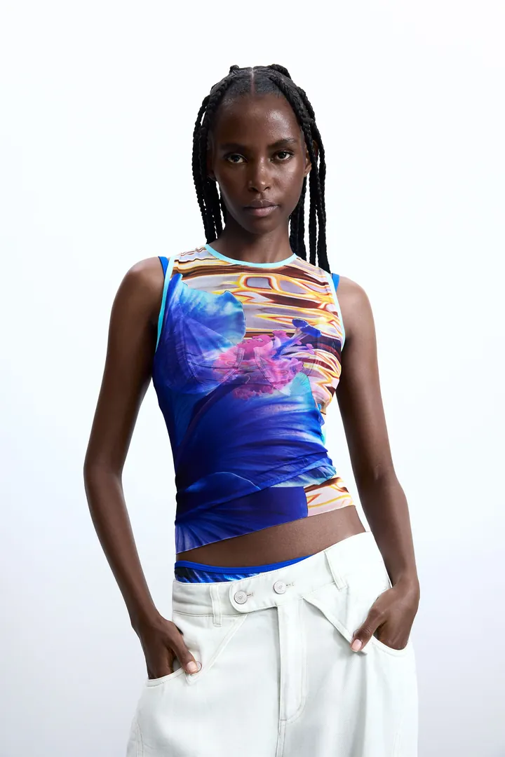 Desigual, Top flor aguas, Mujer, Poliester, Azul, L