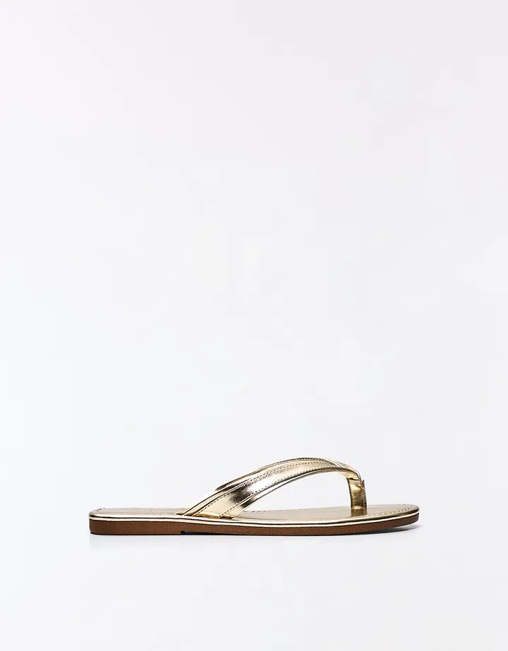 Bershka Sandalia Plana Thong Mujer 35 Oro