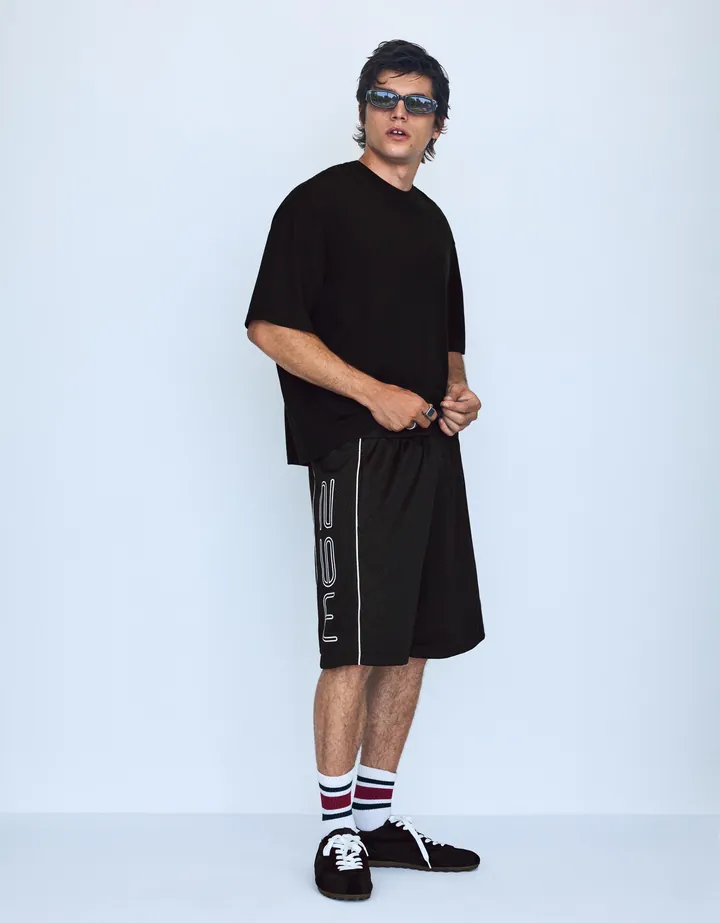 Bershka Bermuda Mesh Contraste Print Hombre L Negro