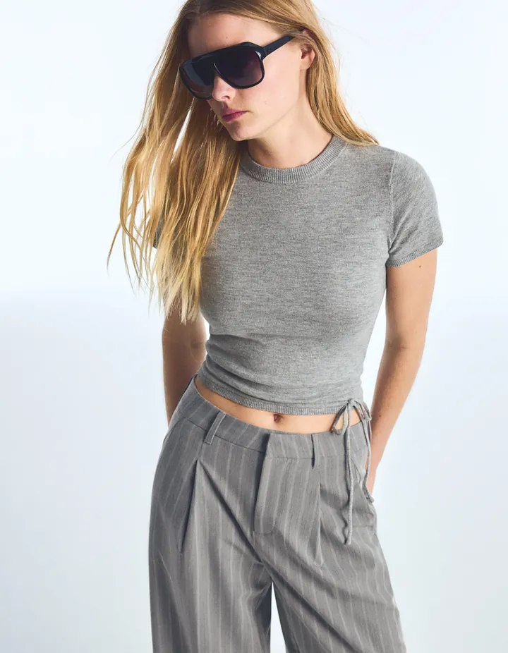 Bershka Jersey Punto Manga Corta Lazo Mujer L Gris