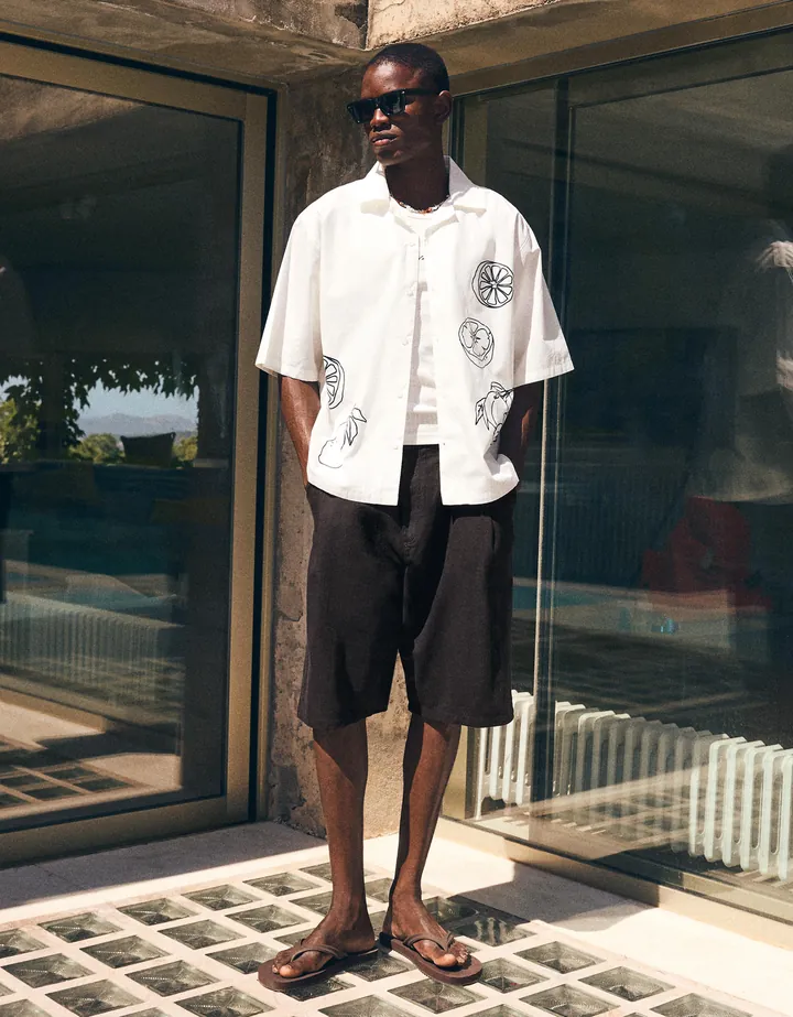 Bershka Bermuda Super Baggy Con Lino Hombre 34 Negro