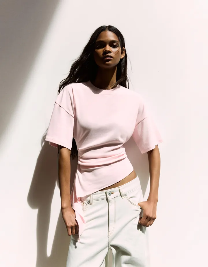 Bershka Camiseta Manga Corta Fruncido Mujer L Rosa