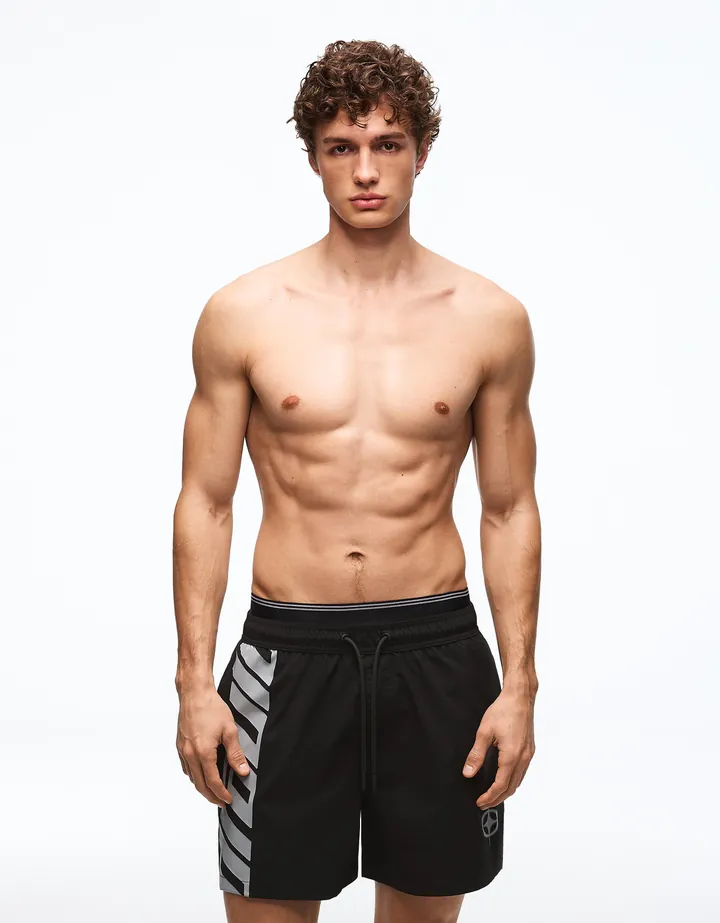 Bershka Bañador Boxy Doble Cintura Print Hombre L Negro